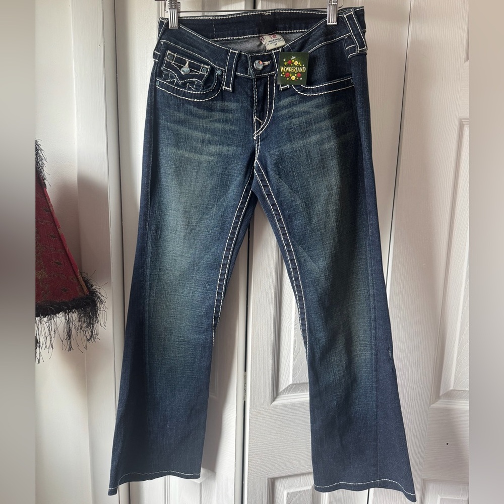 True Religion Dark Blue Wide Leg Jeans with Contrast Stitching